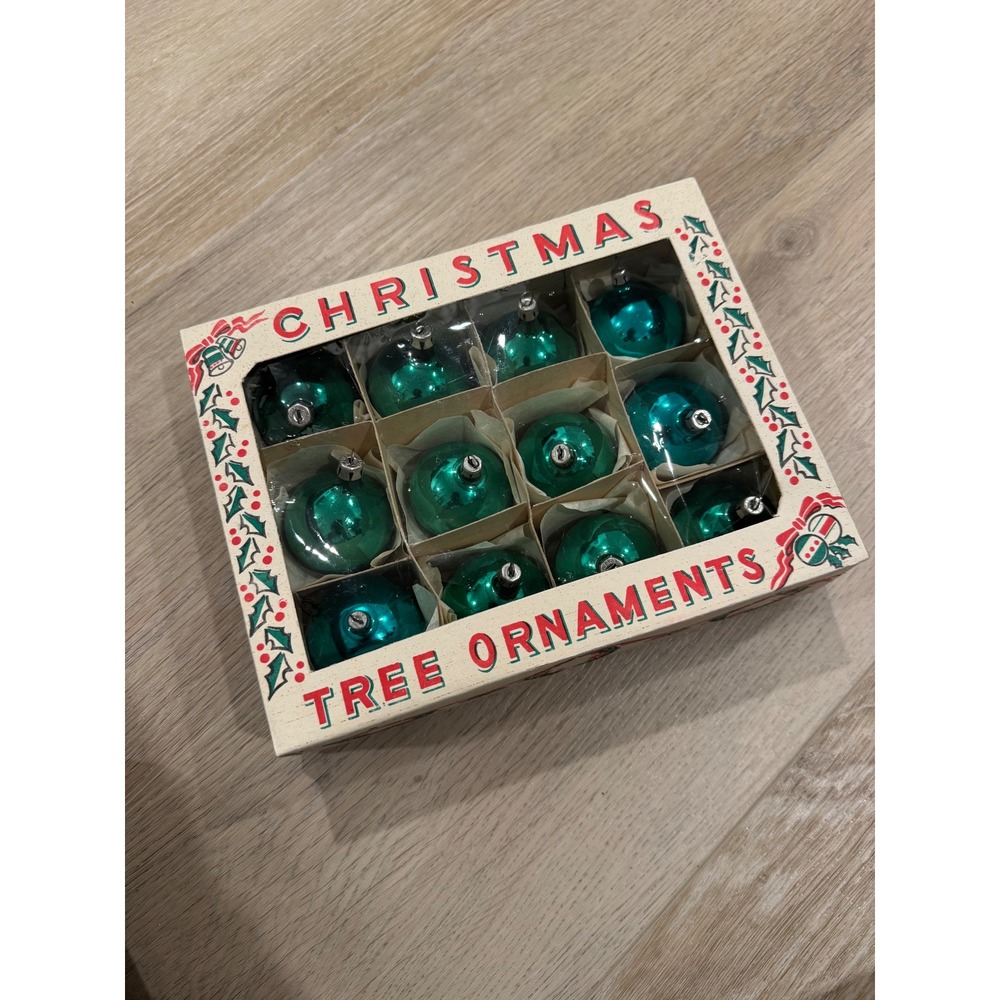 Vintage 1972 Poland Glass Christmas Ornaments 12 Teal Aqua Balls Original Box